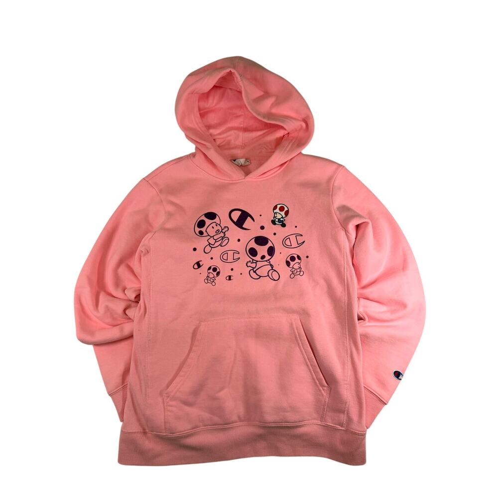 Champion x Super Mario Bros Reverse Weave Hoodie Pink Toad Mushrooms XL
